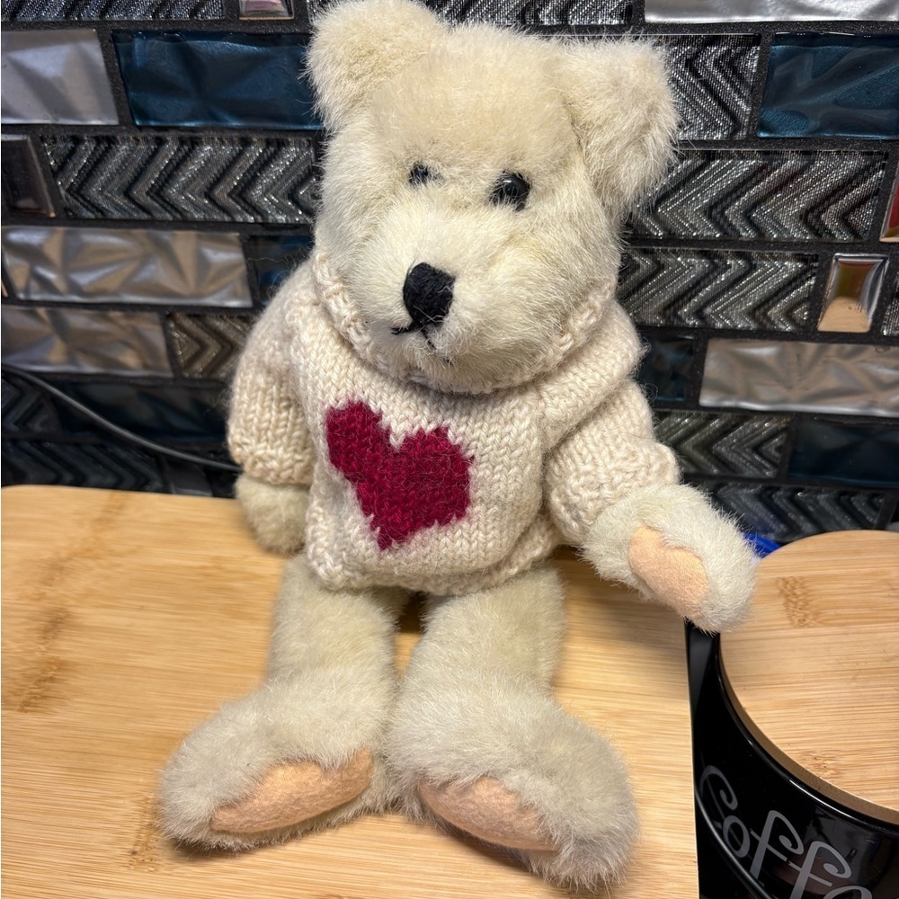 Plush Cream Bear with Red Heart Knit Sweater